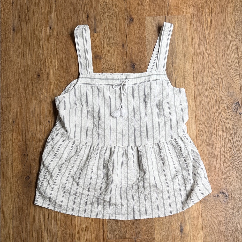 Striped Linen-Blend Sleeveless Peplum Top - Cream with Gray Stripes